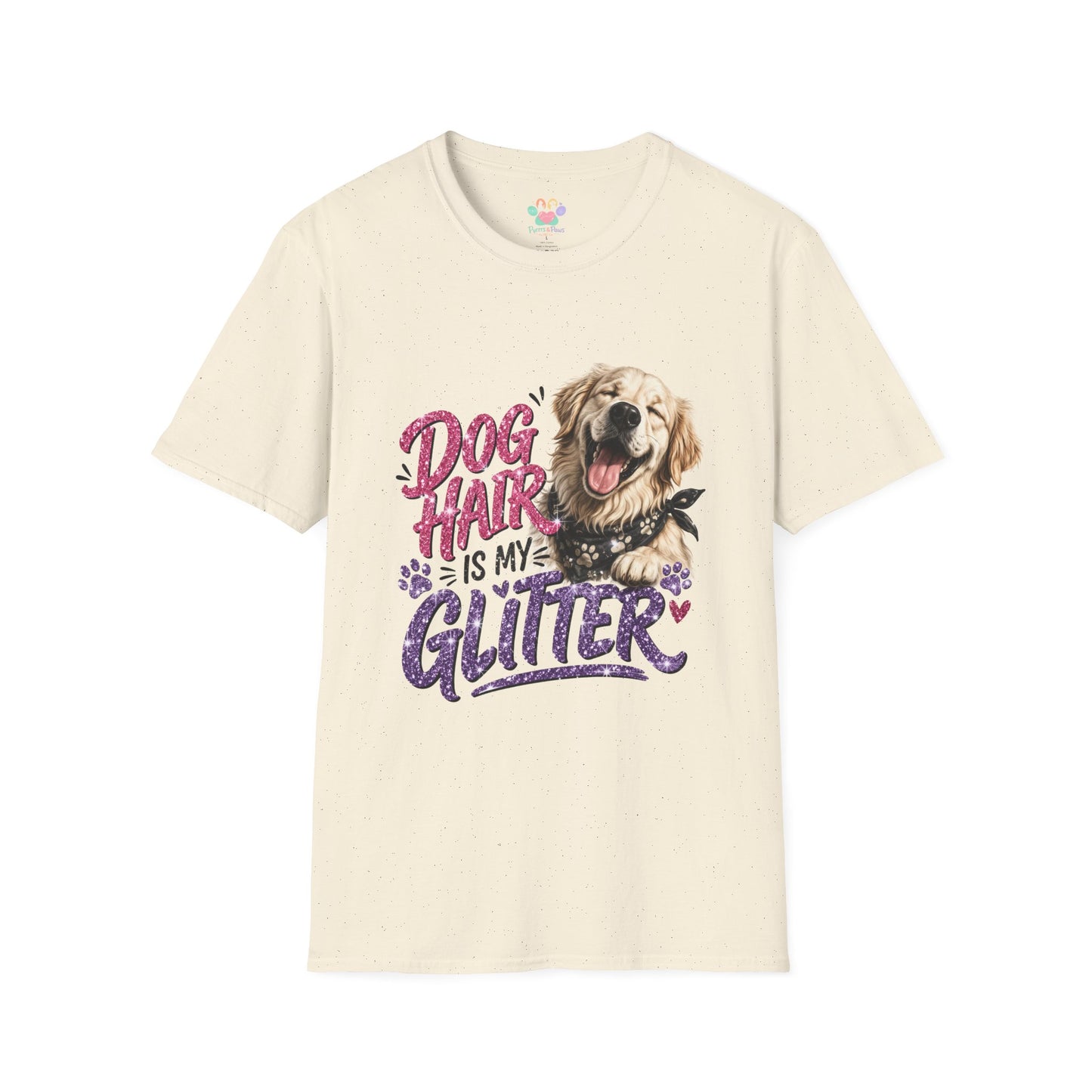 Dog Hair Is My Glitter t-shirt, dog lover graphic with paw prints and glitter lettering, natural