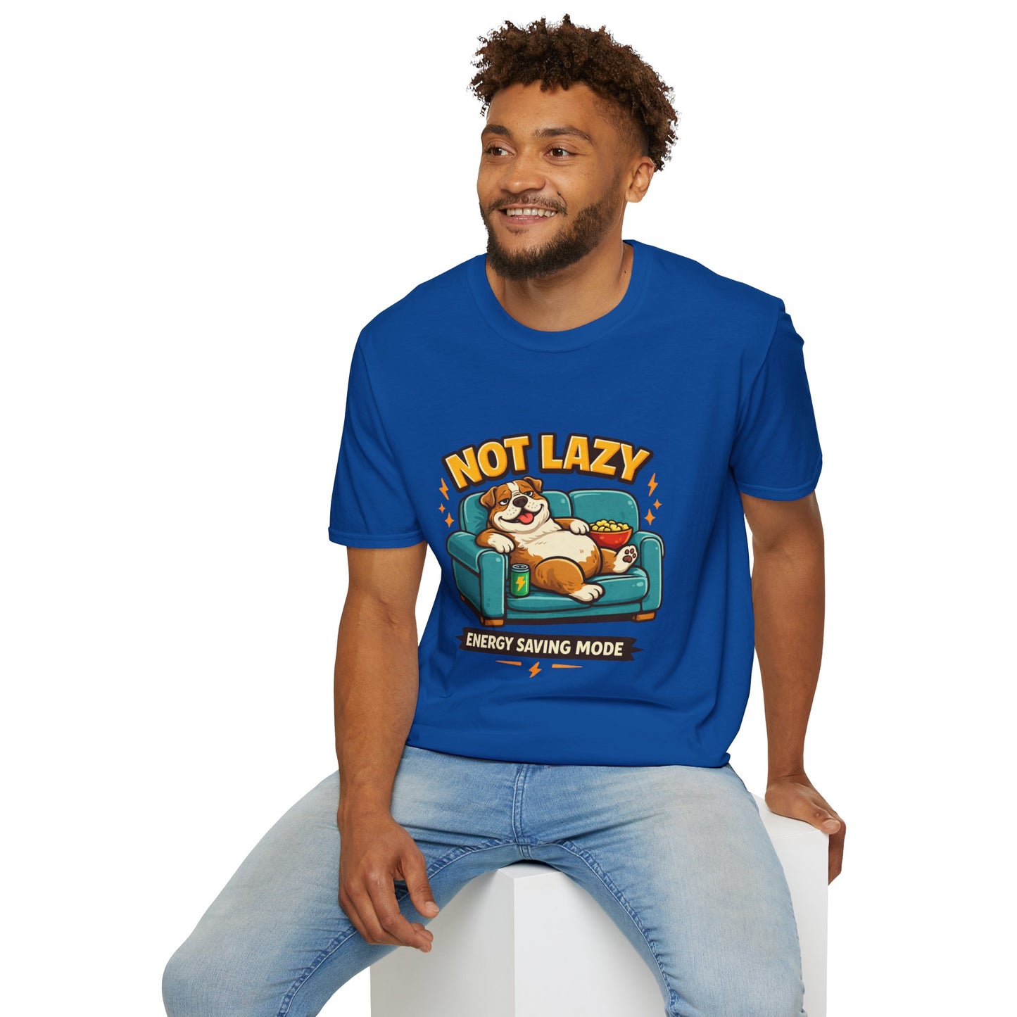 Not Lazy Energy Saving Mode t-shirt, dog relaxing on sofa with snacks illustration, royal blue