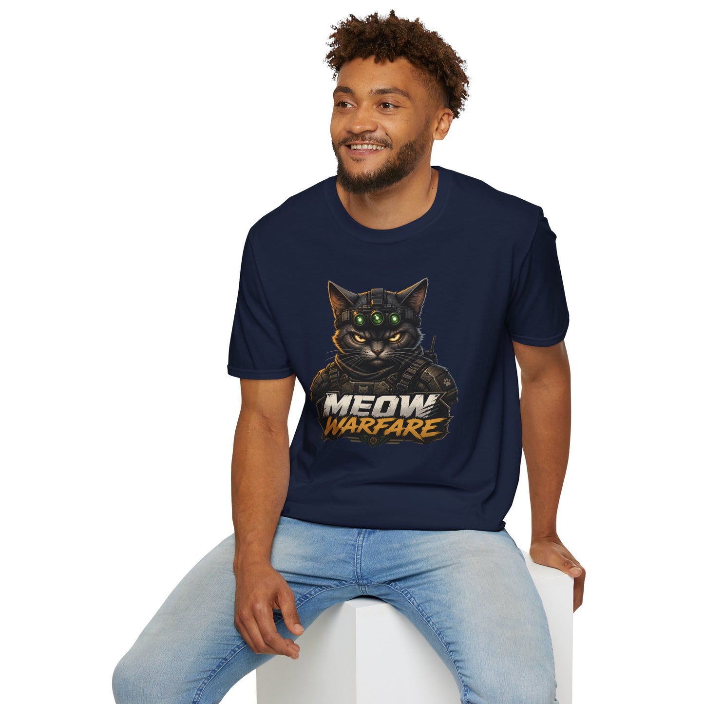 Meow Warfare t-shirt, military parody cat illustration with armored feline graphic, navy