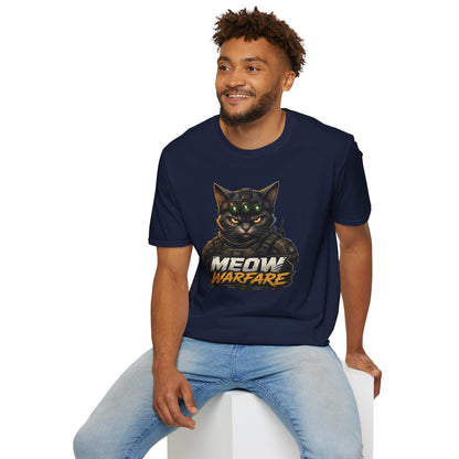 Meow Warfare t-shirt, military parody cat illustration with armored feline graphic, navy