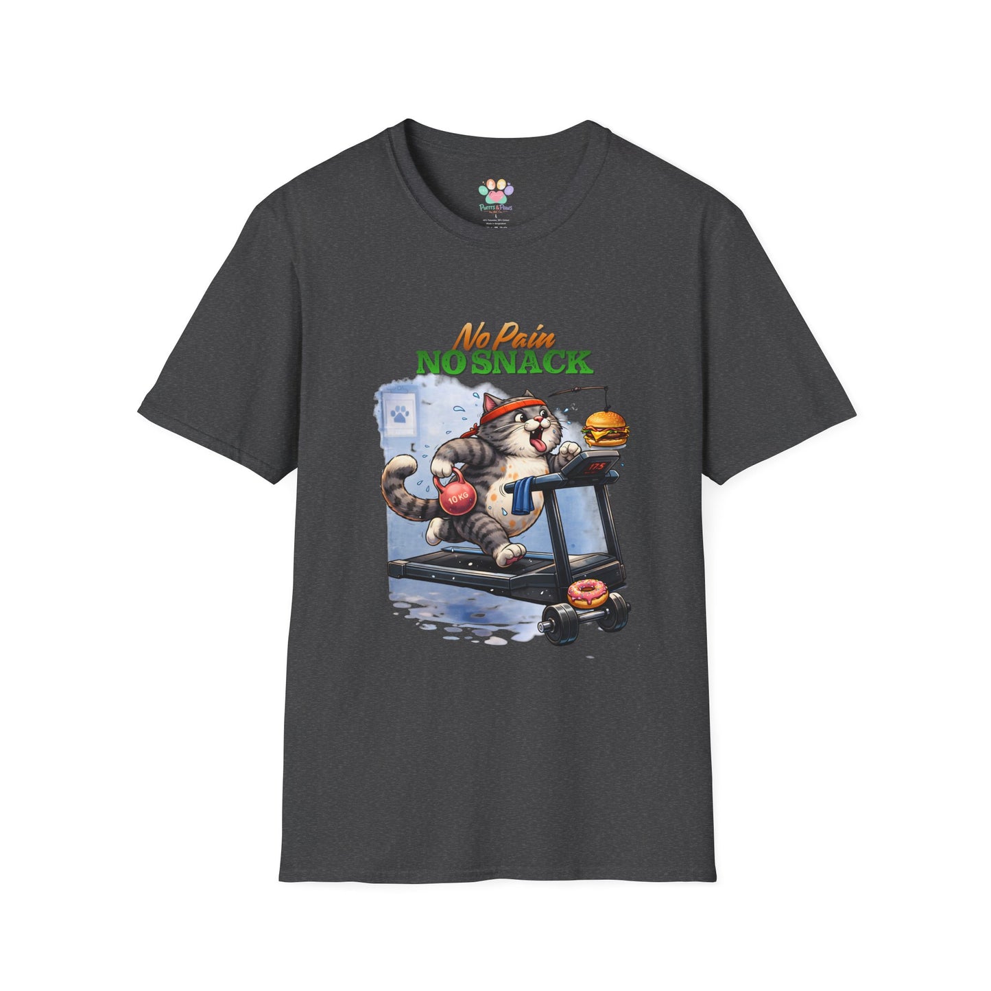 No Pain No Snack t-shirt, cat workout treadmill graphic, dark heather gray