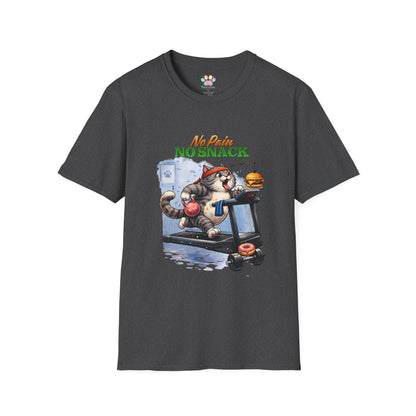 No Pain No Snack t-shirt, cat workout treadmill graphic, dark heather gray