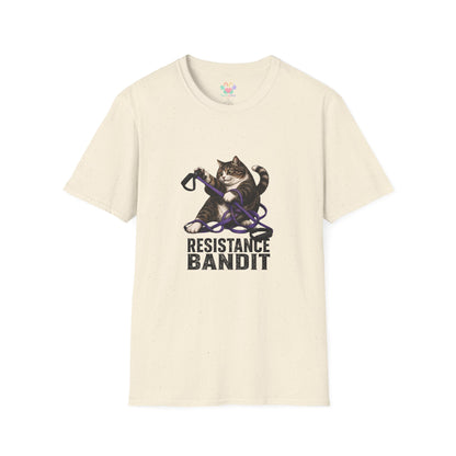Resistance Bandit cat t-shirt, cute fitness cat illustration with workout equipment, natural