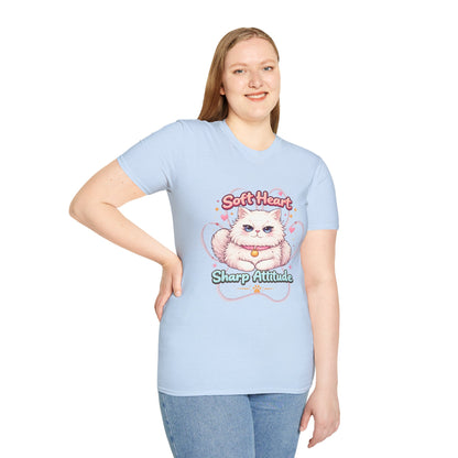 Soft Heart Sharp Attitude cat shirt, adorable fluffy kitten illustration, cute pet lover graphic tee, light blue