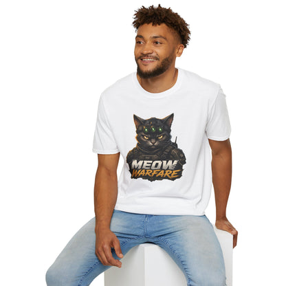 Meow Warfare t-shirt, funny tactical cat graphic with armored black cat illustration, white