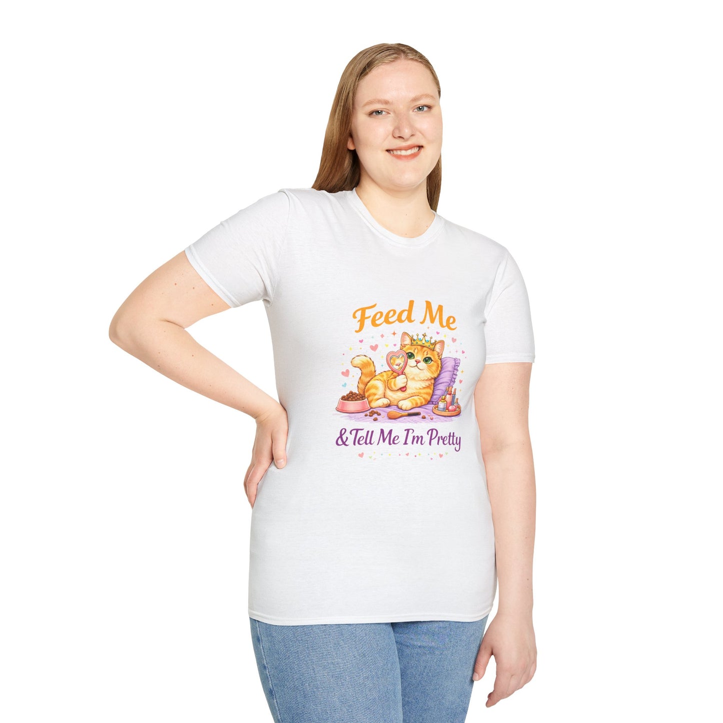 Feed Me & Tell Me I’m Pretty cat t-shirt, cute orange kitten with crown graphic, white