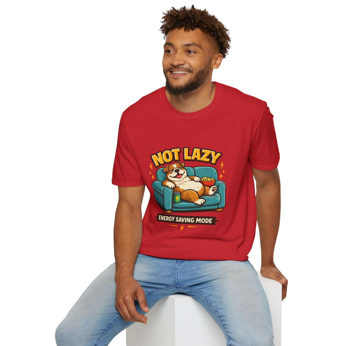 Not Lazy Energy Saving Mode t-shirt, lazy dog couch graphic, red