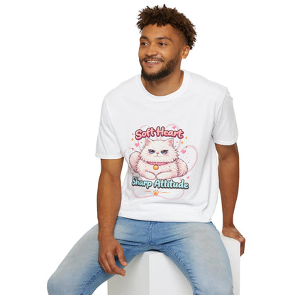 Soft Heart Sharp Attitude cat t-shirt, cute fluffy kitten graphic, funny cat lover quote shirt, white