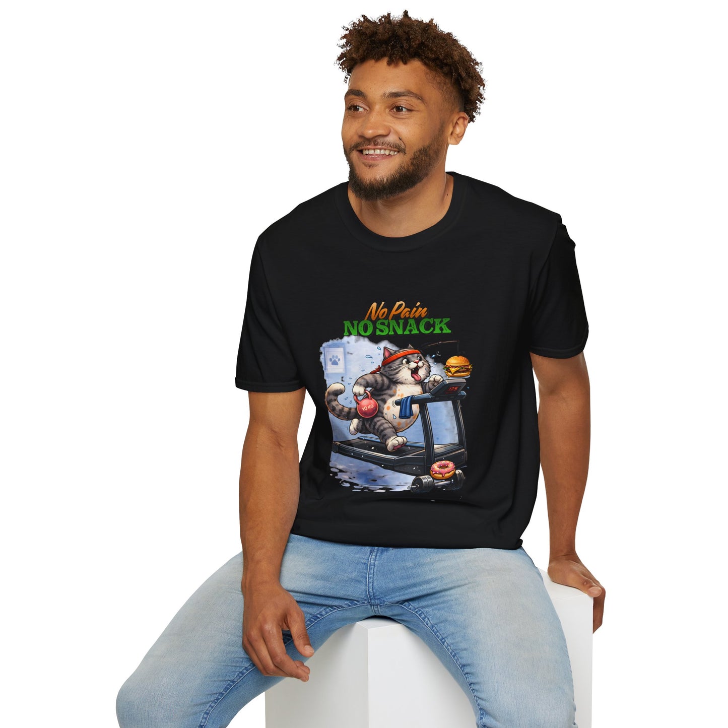 No Pain No Snack t-shirt, treadmill cat with burger and donut design, black