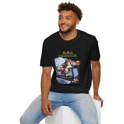 No Pain No Snack t-shirt, treadmill cat with burger and donut design, black
