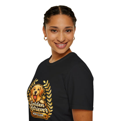 Golden Retriever Mom Club shirt, smiling golden retriever puppy graphic, black