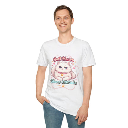 Soft Heart Sharp Attitude cat t-shirt, cute fluffy kitten graphic, funny cat lover quote shirt, white