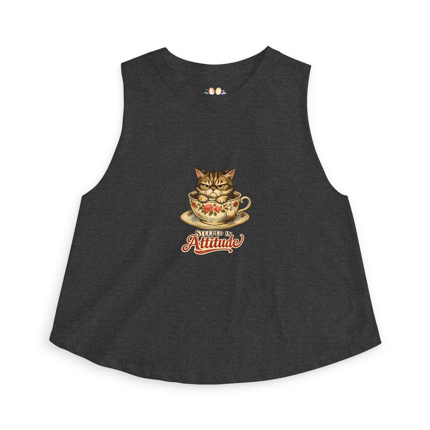 Steeped in Attitude tank top, grumpy kitten in teacup illustration, dark grey heather