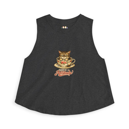 Steeped in Attitude tank top, grumpy kitten in teacup illustration, dark grey heather