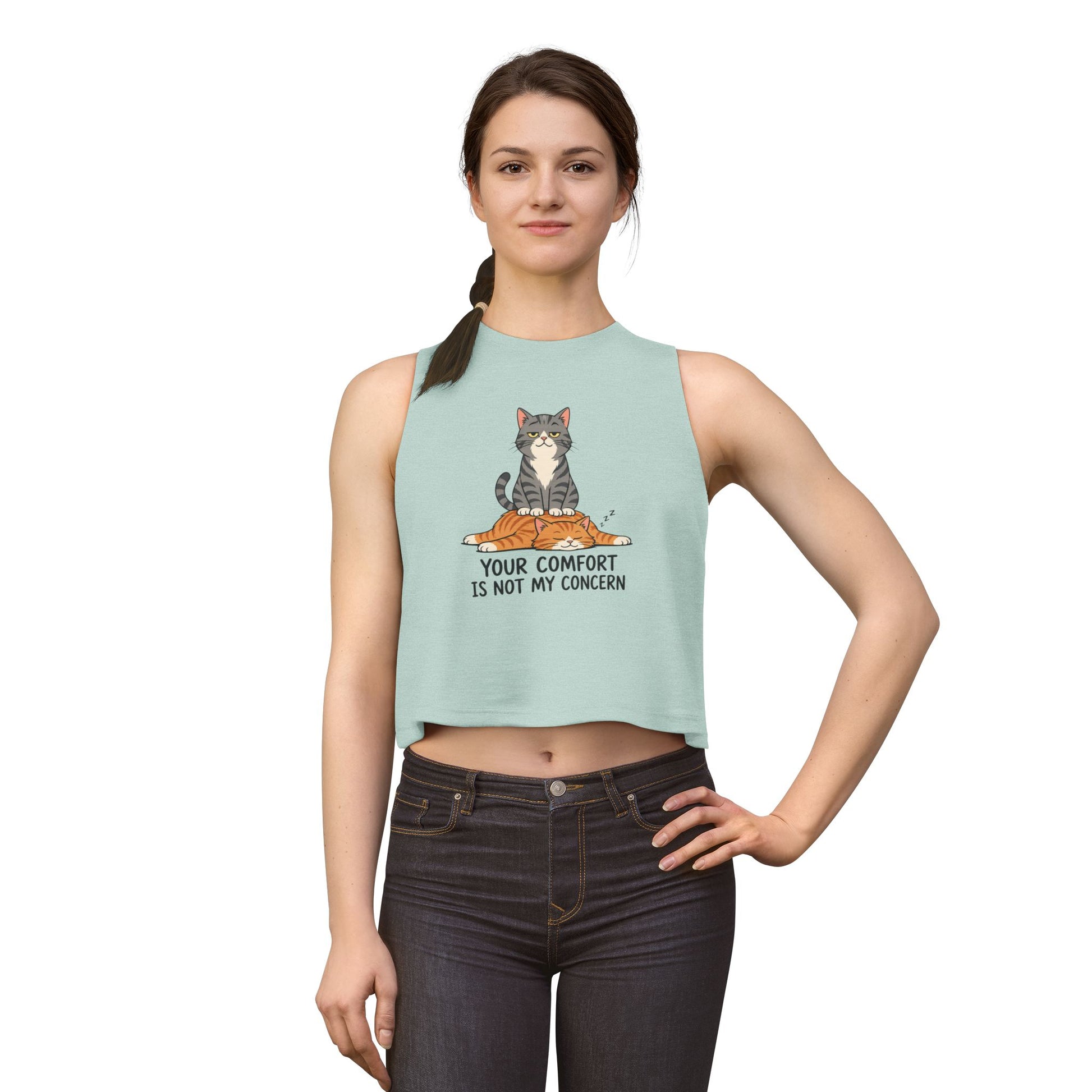 Your Comfort Is Not My Concern tank top, cute but sarcastic cat design, dusty blue