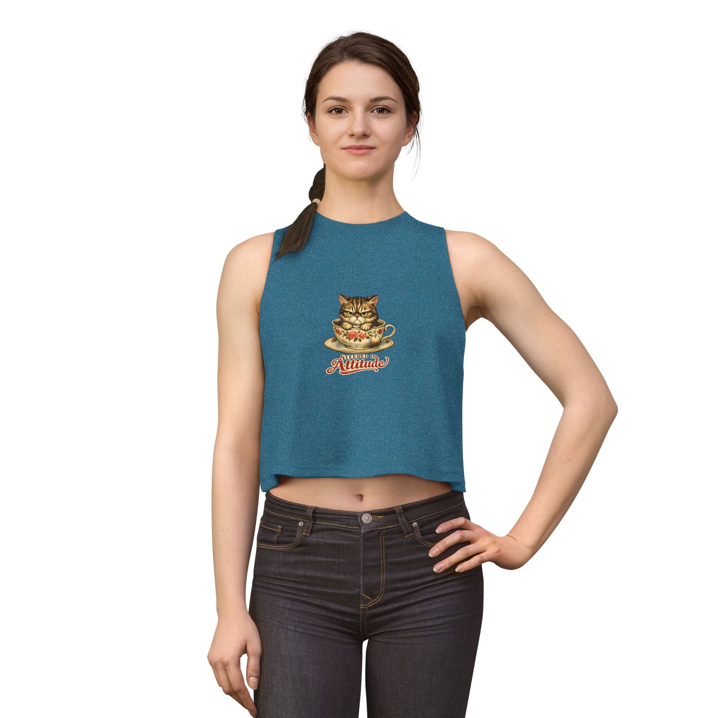 Steeped in Attitude tank top, grumpy cat teacup design, heather deep teal