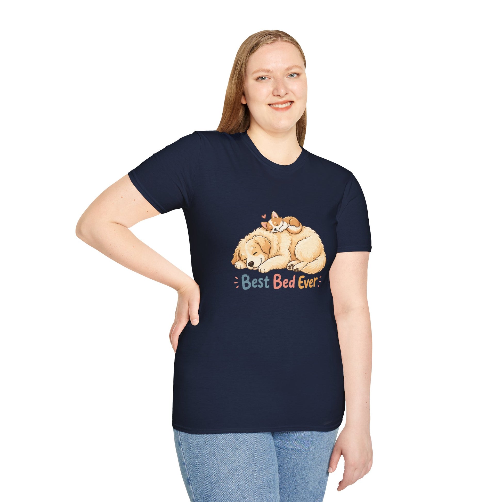 Best Bed Ever t-shirt, puppy sleeping with kitten graphic design, navy