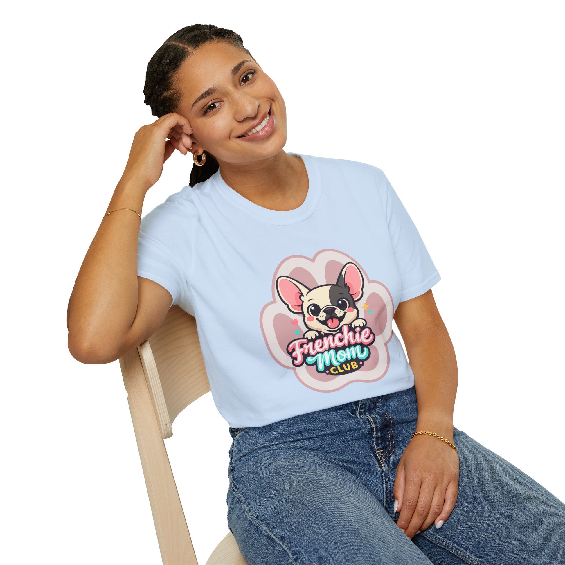 French bulldog mom shirt, cute Frenchie graphic, “Frenchie Mom Club” design, light blue
