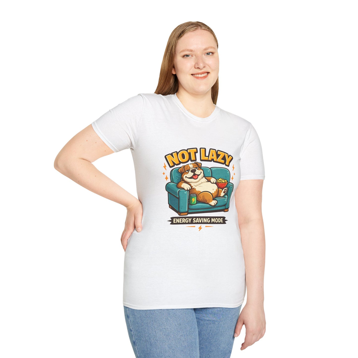 Not Lazy Energy Saving Mode t-shirt, lazy dog on couch with snacks graphic, white