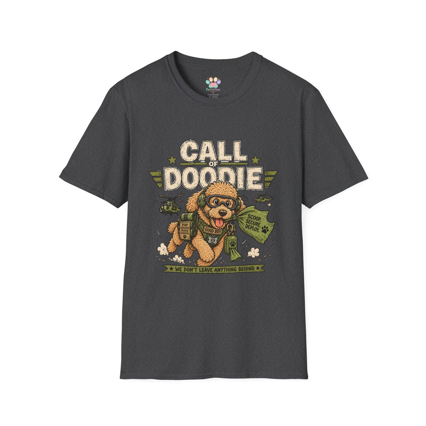 Call of Doodie t-shirt, military humor dog graphic with combat poodle artwork, dark heather