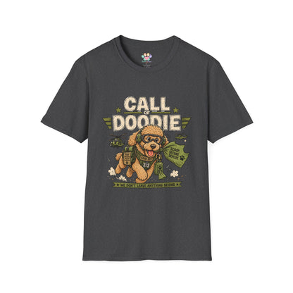 Call of Doodie t-shirt, military humor dog graphic with combat poodle artwork, dark heather
