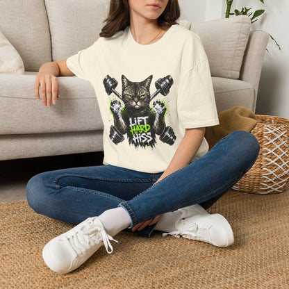 Lift Hard Hiss Harder cat t-shirt, gym enthusiast cat with crossed dumbbells illustration, natural