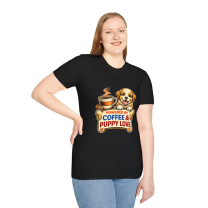 Powered By Coffee & Puppy Love shirt, puppy and coffee graphic tee, dog lover apparel, black