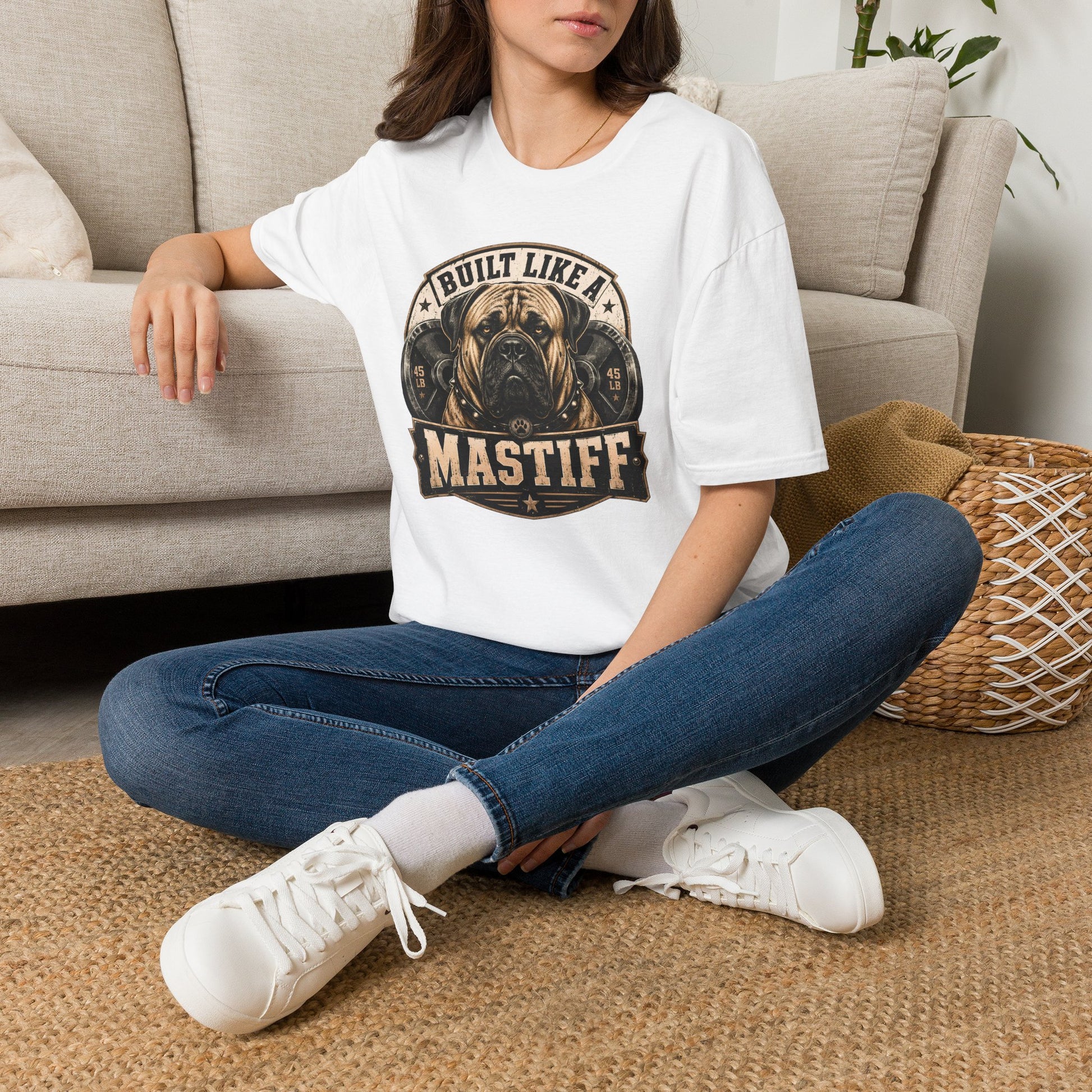 Built Like A Mastiff t-shirt, Mastiff dog strength graphic with weight plates, white