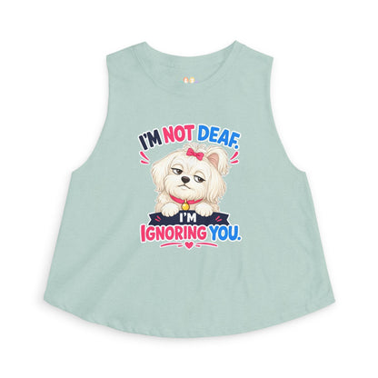 I’m Not Deaf I’m Ignoring You tank top, small dog graphic with sassy expression, heather dusty blue