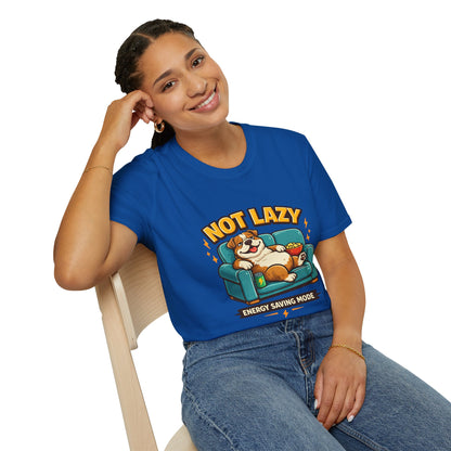 Not Lazy Energy Saving Mode t-shirt, dog relaxing on sofa with snacks illustration, royal blue