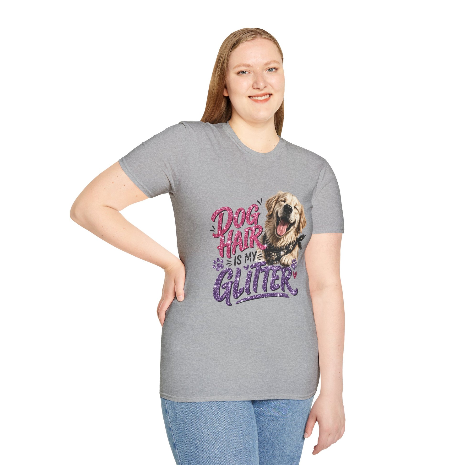 Dog Hair Is My Glitter t-shirt, golden retriever face with stylish glitter text design, sport gray