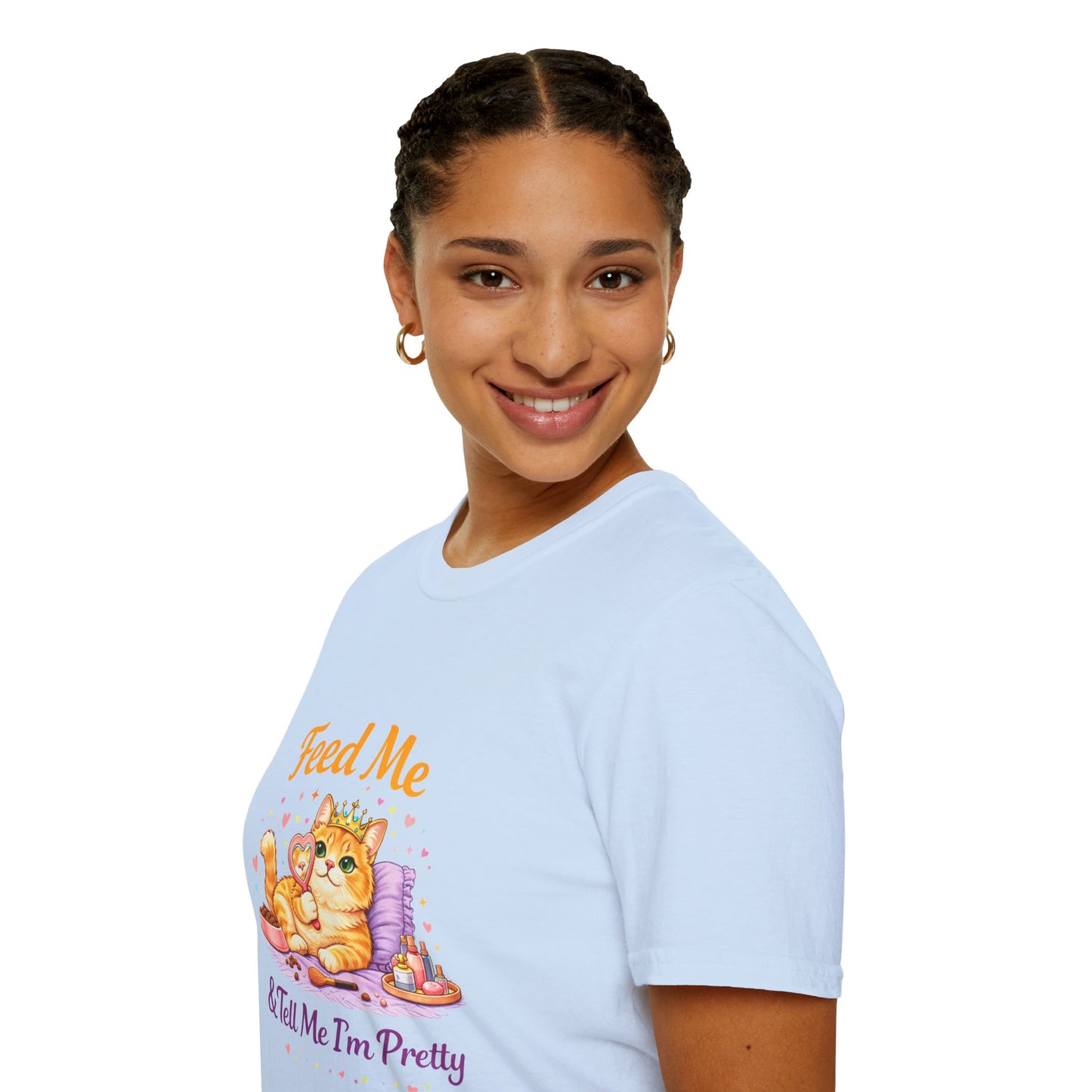 Feed Me & Tell Me I’m Pretty cat t-shirt, adorable kitten princess graphic design, light blue