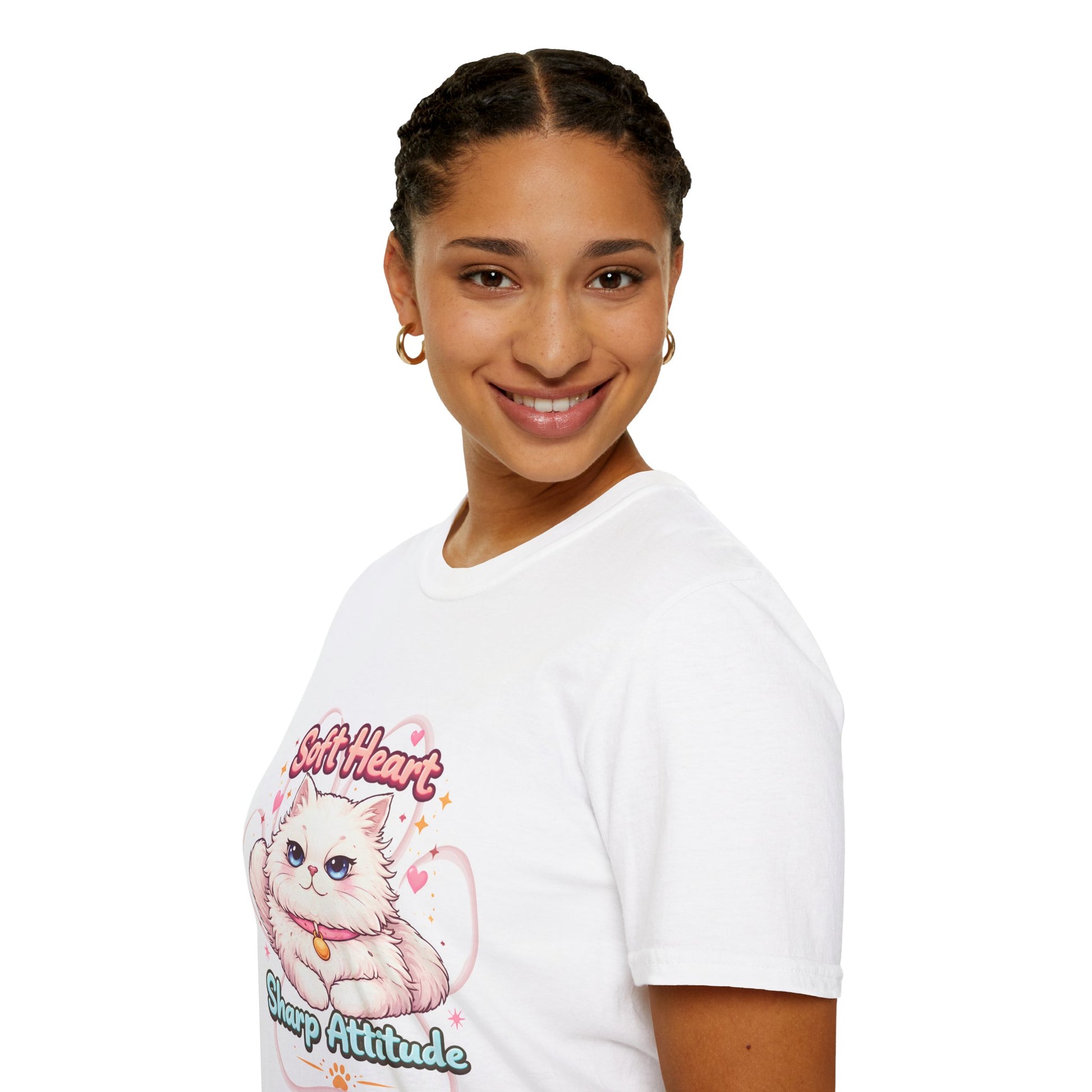 Soft Heart Sharp Attitude cat t-shirt, cute fluffy kitten graphic, funny cat lover quote shirt, white