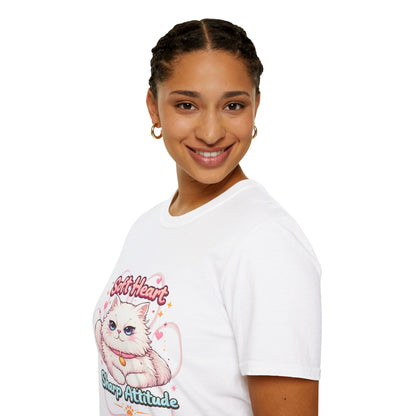 Soft Heart Sharp Attitude cat t-shirt, cute fluffy kitten graphic, funny cat lover quote shirt, white
