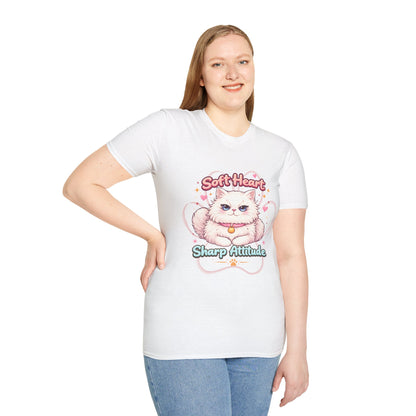 Soft Heart Sharp Attitude cat t-shirt, cute fluffy kitten graphic, funny cat lover quote shirt, white