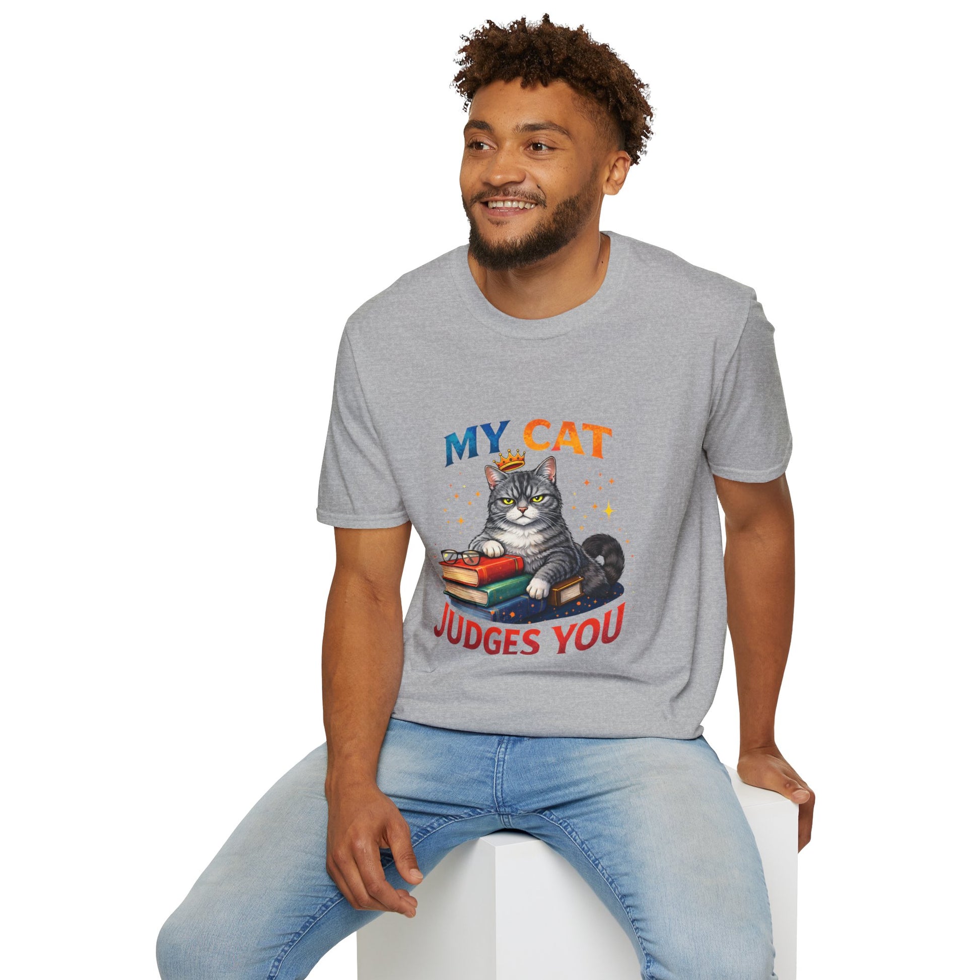 My Cat Judges You t-shirt, gray cat with crown and book stack graphic, sport gray