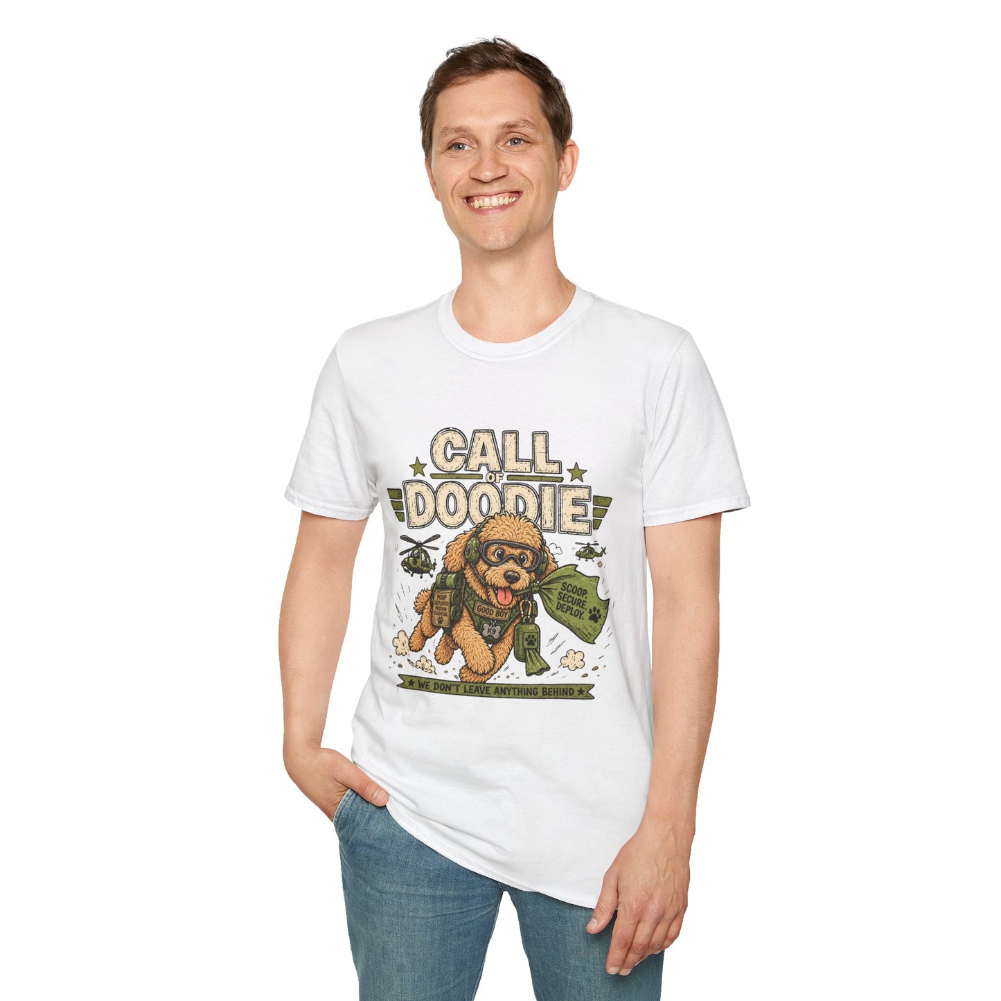 Call of Doodie t-shirt, funny military dog graphic with tactical poodle illustration, white