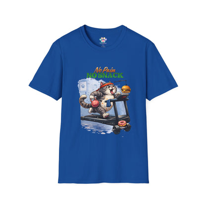No Pain No Snack t-shirt, running cat with snack illustration, royal blue