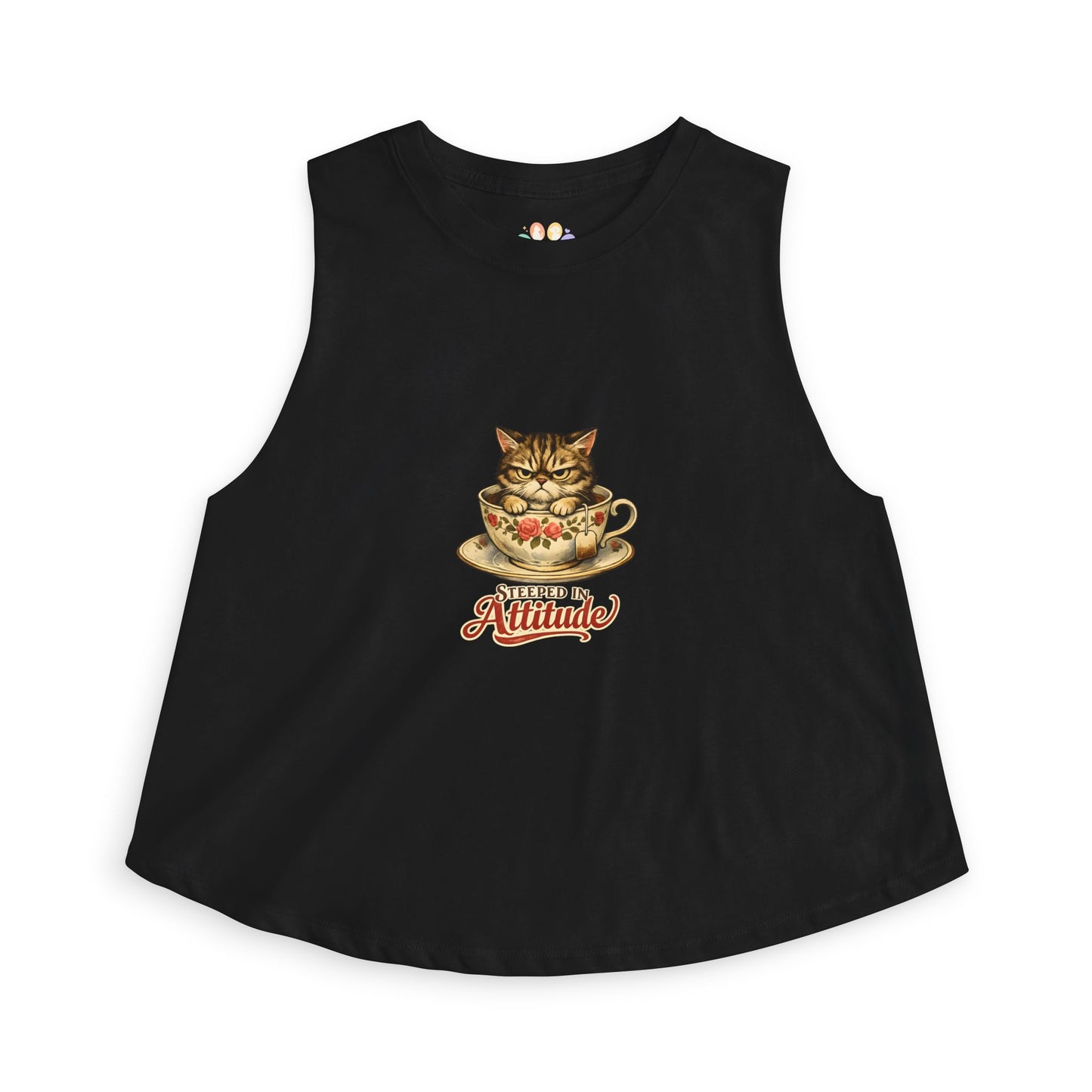 Steeped in Attitude tank top, cat in teacup with attitude graphic, solid black blend