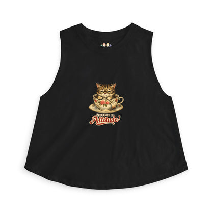 Steeped in Attitude tank top, cat in teacup with attitude graphic, solid black blend