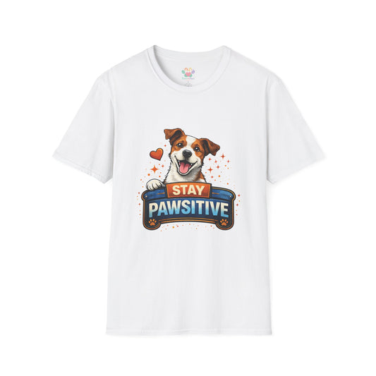 Stay Pawsitive t-shirt, cute smiling dog graphic, motivational pet lover design, white