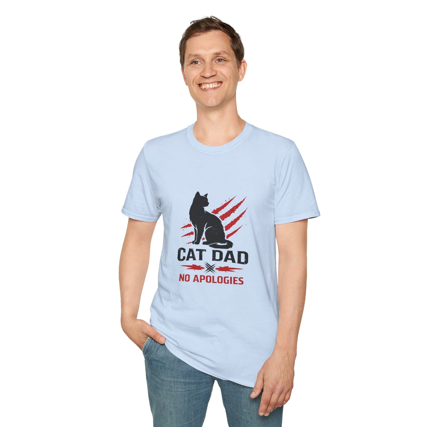 Cat Dad No Apologies t-shirt, bold black cat design for cat lovers, light blue