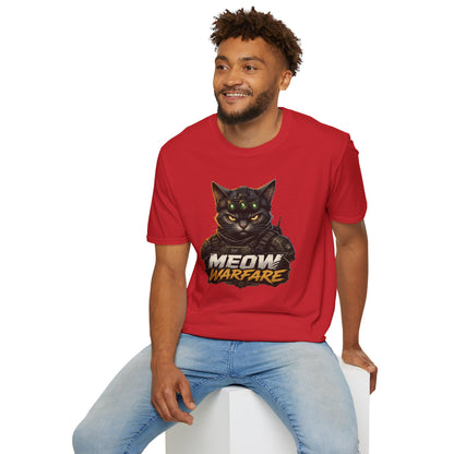 Meow Warfare t-shirt, funny tactical cat design with combat kitty illustration, red