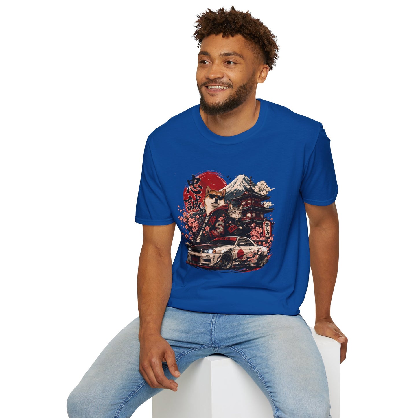 Samurai Shiba Inu and Tabby Cat t-shirt, samurai animal duo graphic with sports car and sakura, royal