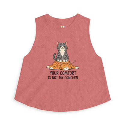 Your Comfort Is Not My Concern tank top, humorous cat graphic with bold text, mauve