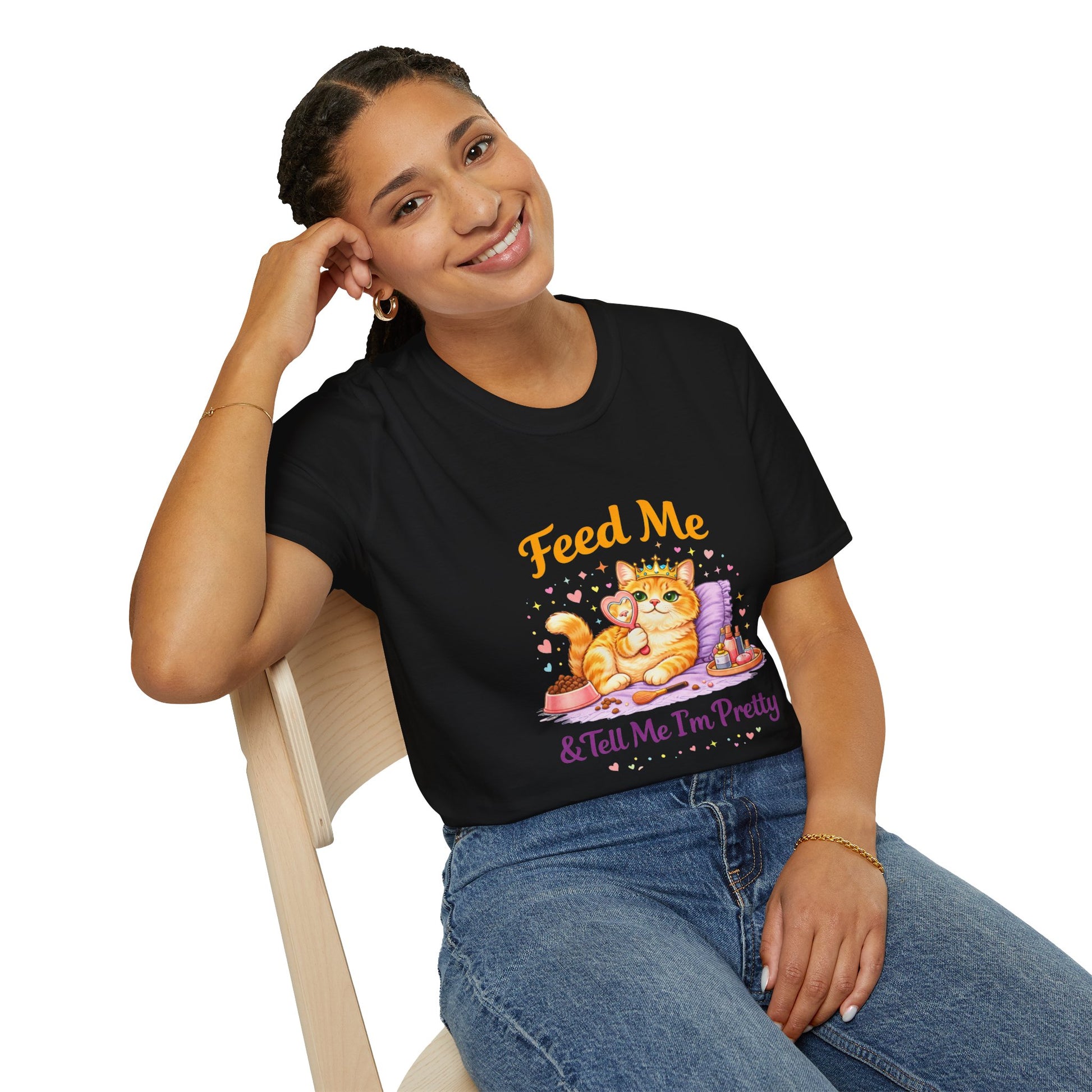 Feed Me & Tell Me I’m Pretty cat t-shirt, kitten princess graphic with food bowl design, black