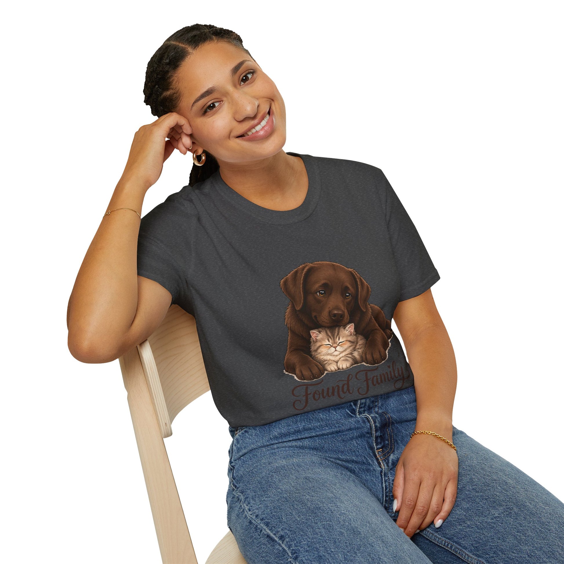 Found Family Labrador Retriever t-shirt, chocolate lab dog and cat cuddle design, dark heather