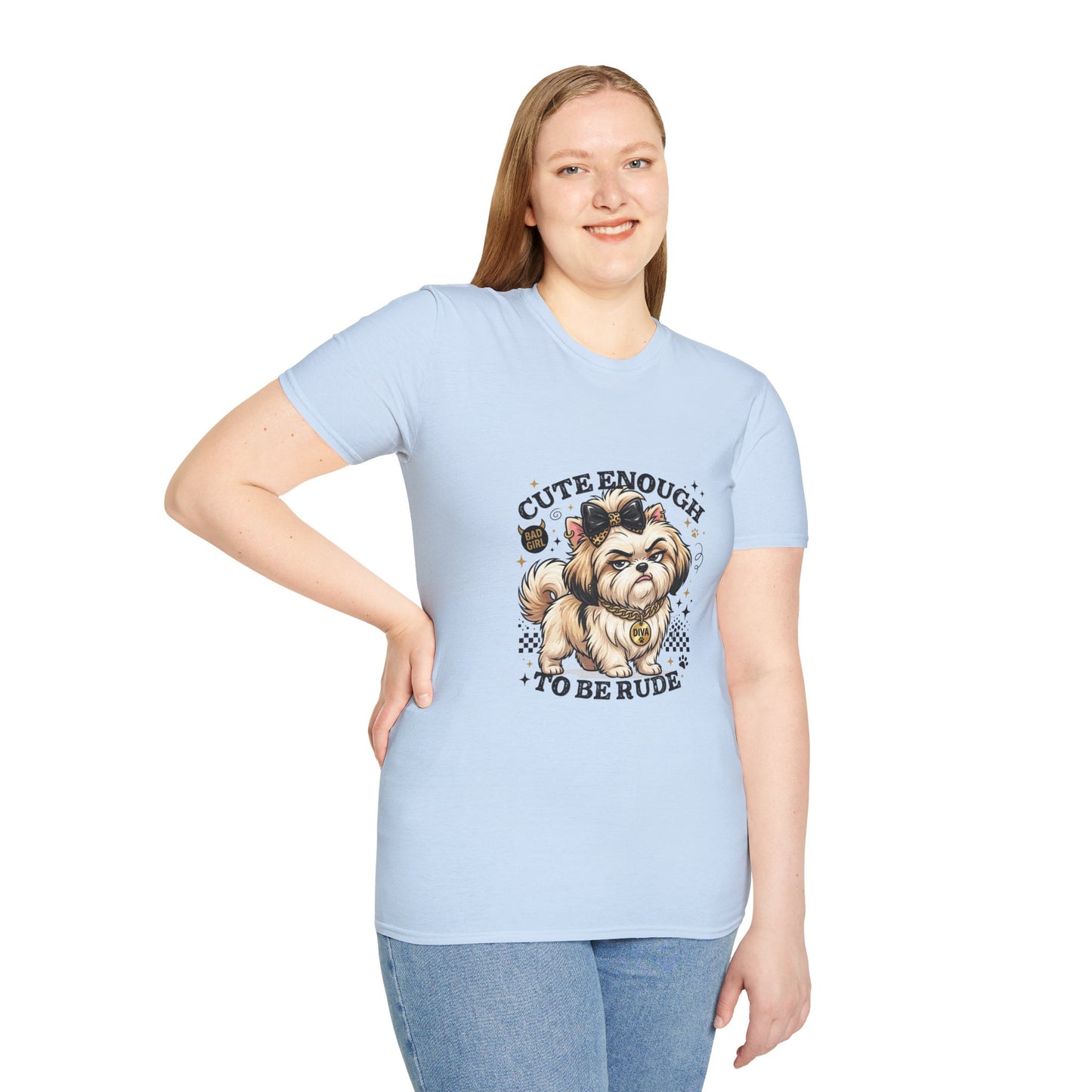 Cute Enough To Be Rude dog t-shirt, cute diva dog with bow and attitude illustration, light blue