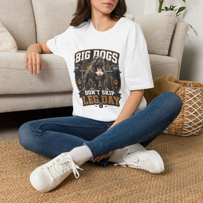 Big Dogs Don’t Skip Leg Day t-shirt, muscular bulldog weightlifting graphic, white