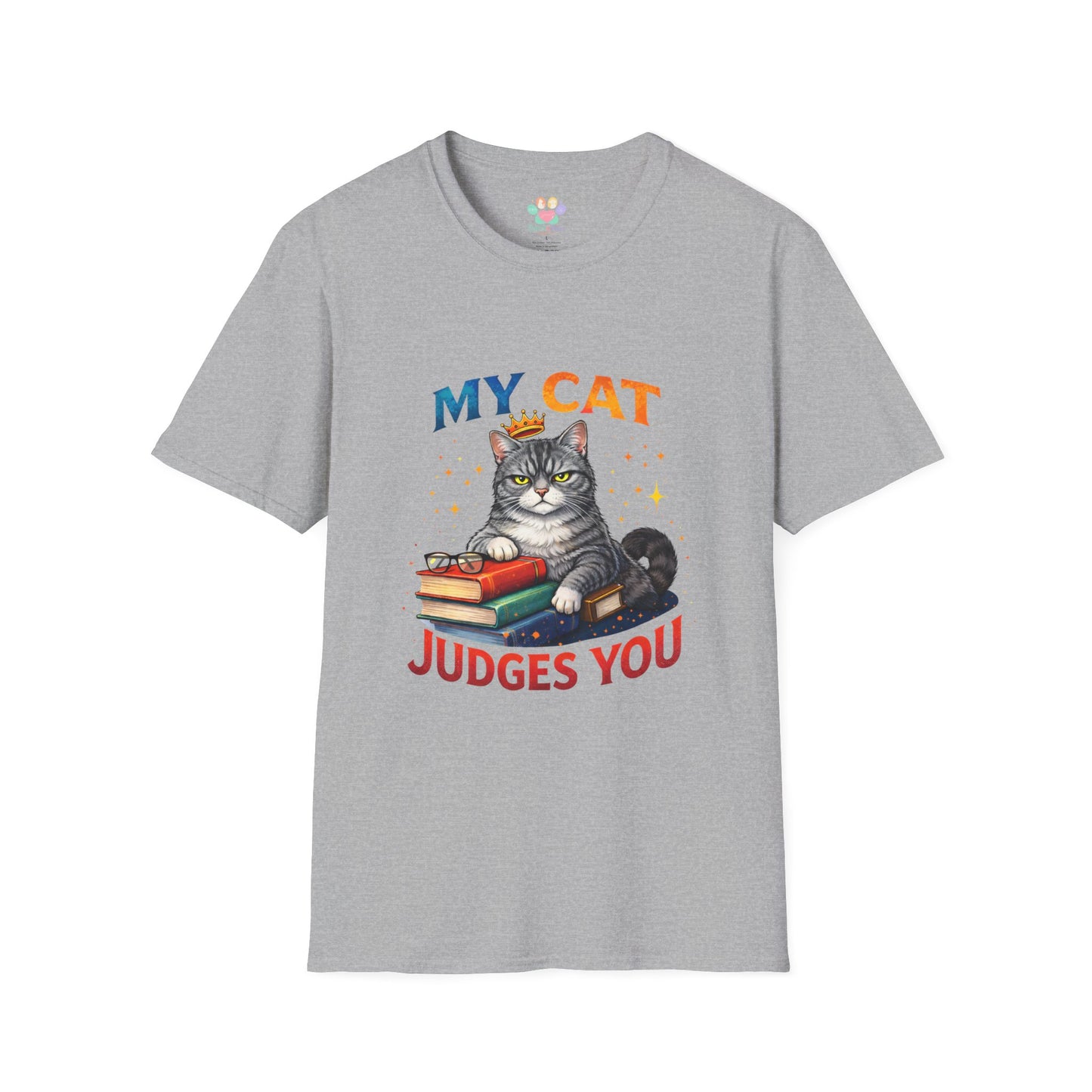 My Cat Judges You t-shirt, gray cat with crown and book stack graphic, sport gray